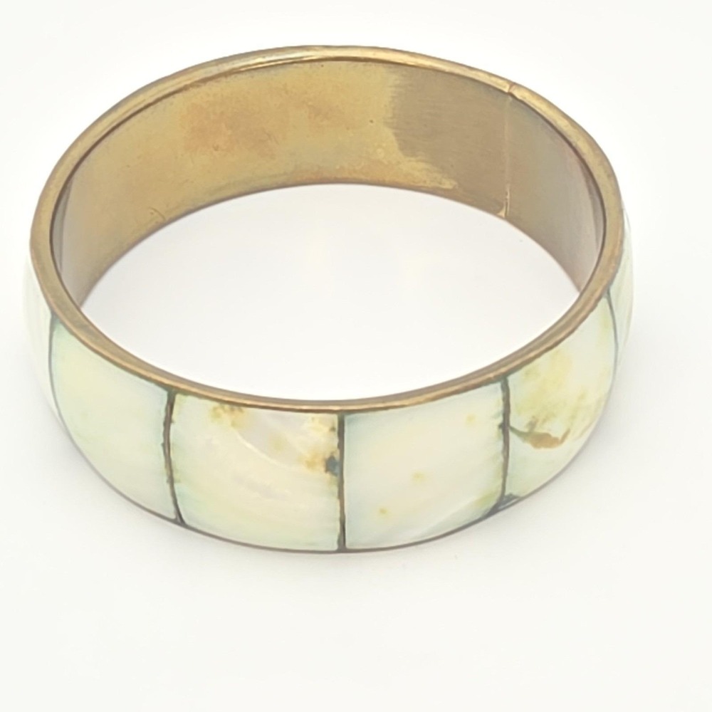 Vintage Mother Of Pearl Inlay Bracelet Wide Brass Bangle 8.5" FREE‎ $HIPPING!! - Picture 12 of 16